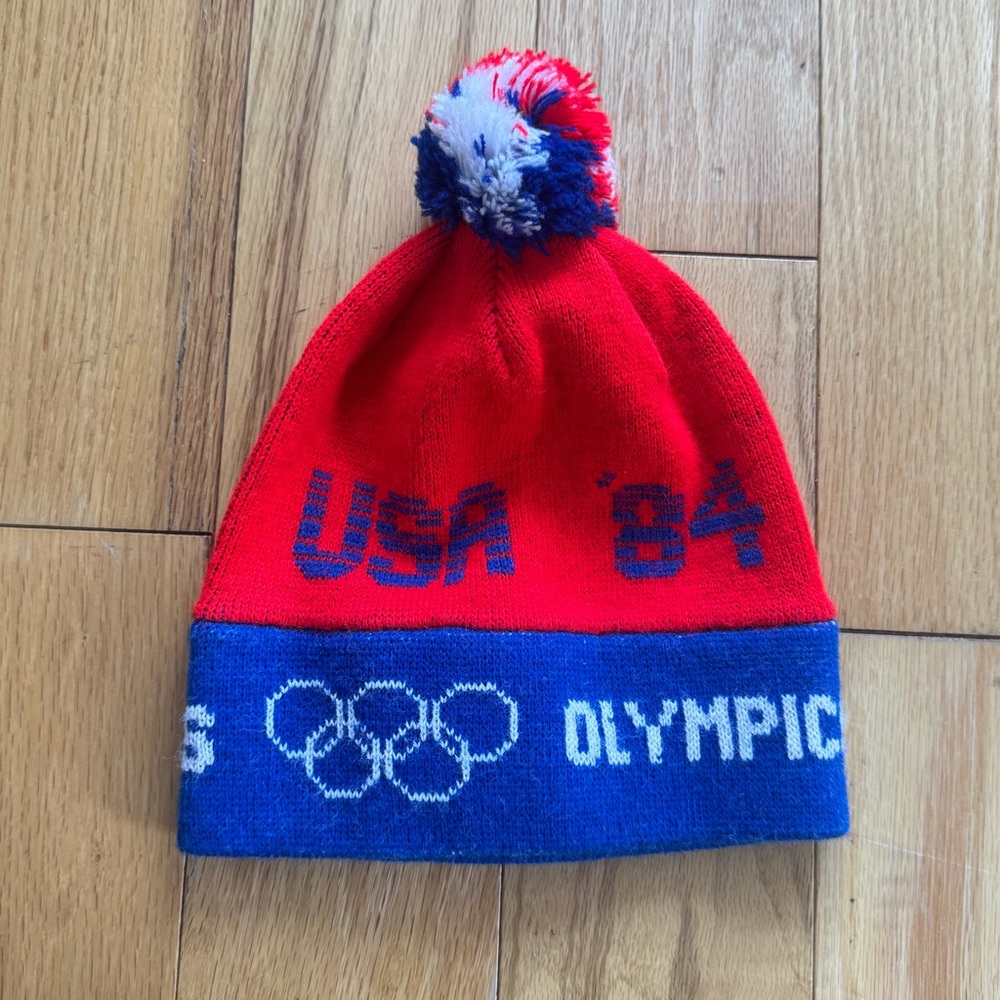 Vintage 1984 USA Olympics Pom Beanie Red Blue